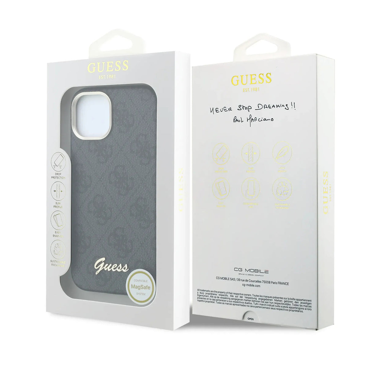 GUESS Funda de Polipiel Logo en Relieve para iPhone 14 Compatible con MagSafe y Protección Anticaídas, Negra