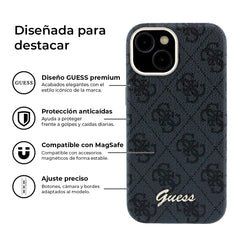 GUESS Funda de Polipiel Logo en Relieve para iPhone 15 Compatible con MagSafe y Protección Anticaídas, Negra