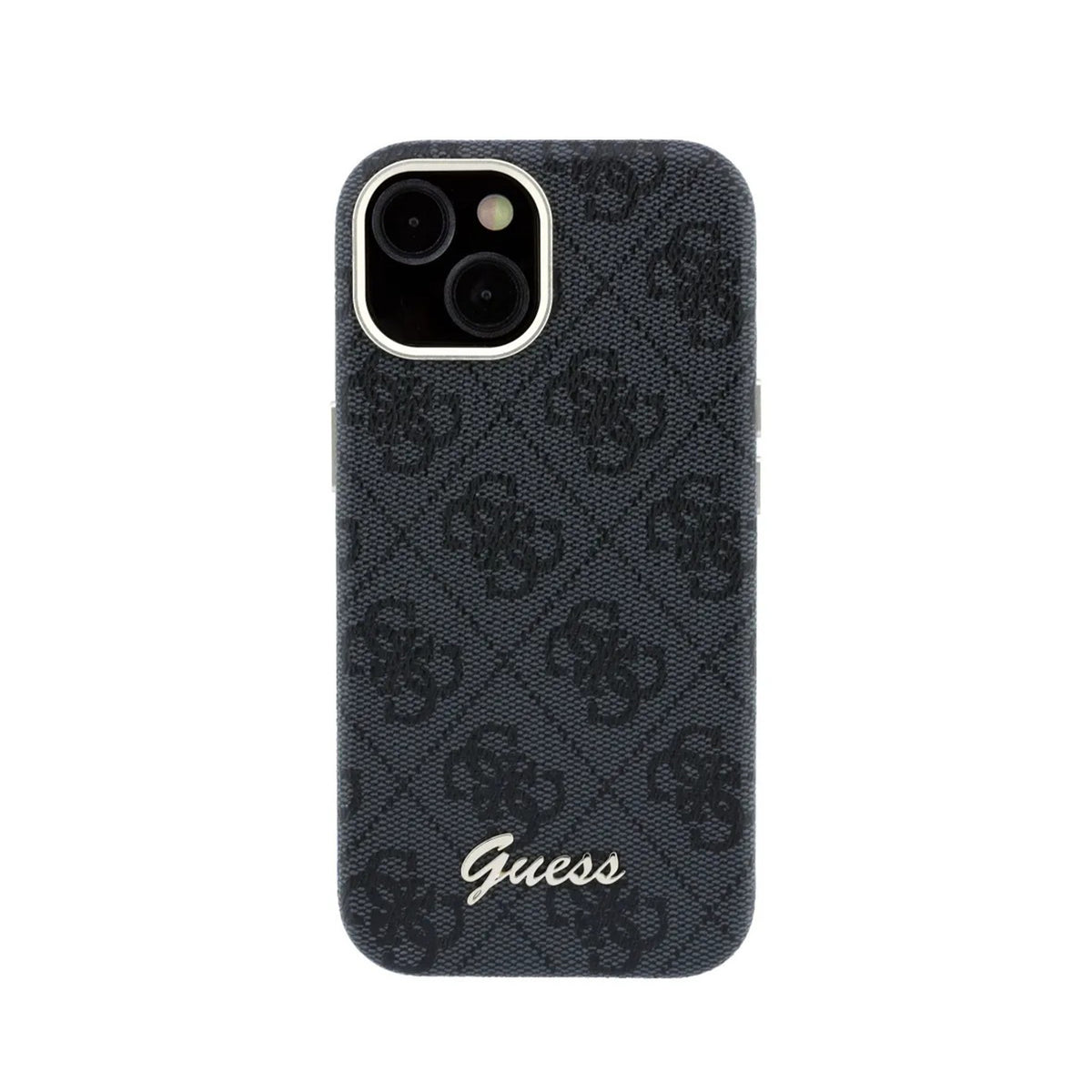 GUESS Funda de Polipiel Logo en Relieve para iPhone 15 Compatible con MagSafe y Protección Anticaídas, Negra