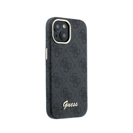 GUESS Funda de Polipiel Logo en Relieve para iPhone 15 Compatible con MagSafe y Protección Anticaídas, Negra