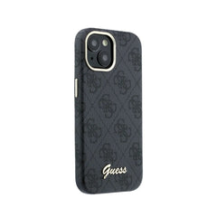 GUESS Funda de Polipiel Logo en Relieve para iPhone 15 Compatible con MagSafe y Protección Anticaídas, Negra