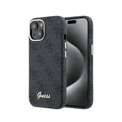 GUESS Funda de Polipiel Logo en Relieve para iPhone 15 Compatible con MagSafe y Protección Anticaídas, Negra