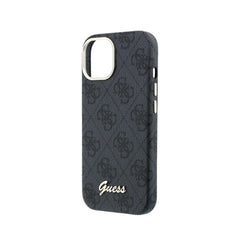 GUESS Funda de Polipiel Logo en Relieve para iPhone 15 Compatible con MagSafe y Protección Anticaídas, Negra