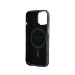 GUESS Funda de Polipiel Logo en Relieve para iPhone 15 Compatible con MagSafe y Protección Anticaídas, Negra