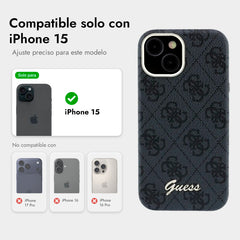 GUESS Funda de Polipiel Logo en Relieve para iPhone 15 Compatible con MagSafe y Protección Anticaídas, Negra