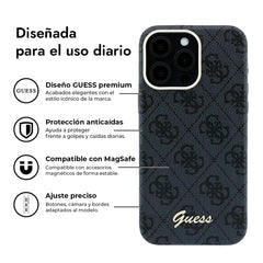 GUESS Funda de Polipiel Logo en Relieve para iPhone 15 Pro Compatible con MagSafe y Protección Anticaídas, Negra