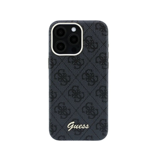 GUESS Funda de Polipiel Logo en Relieve para iPhone 15 Pro Compatible con MagSafe y Protección Anticaídas, Negra