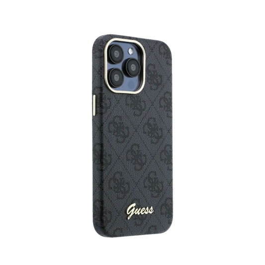 GUESS Funda de Polipiel Logo en Relieve para iPhone 15 Pro Compatible con MagSafe y Protección Anticaídas, Negra