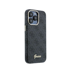 GUESS Funda de Polipiel Logo en Relieve para iPhone 15 Pro Compatible con MagSafe y Protección Anticaídas, Negra