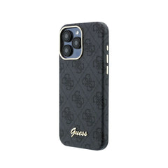 GUESS Funda de Polipiel Logo en Relieve para iPhone 15 Pro Compatible con MagSafe y Protección Anticaídas, Negra