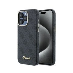 GUESS Funda de Polipiel Logo en Relieve para iPhone 15 Pro Compatible con MagSafe y Protección Anticaídas, Negra