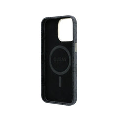 GUESS Funda de Polipiel Logo en Relieve para iPhone 15 Pro Compatible con MagSafe y Protección Anticaídas, Negra