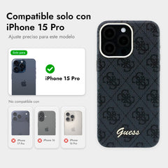 GUESS Funda de Polipiel Logo en Relieve para iPhone 15 Pro Compatible con MagSafe y Protección Anticaídas, Negra