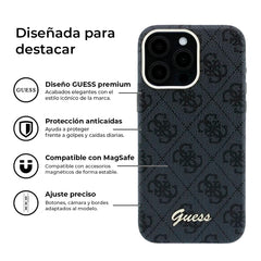 GUESS Funda de Polipiel Logo en Relieve para iPhone 15 Pro Max Compatible con MagSafe y Protección Anticaídas, Negra