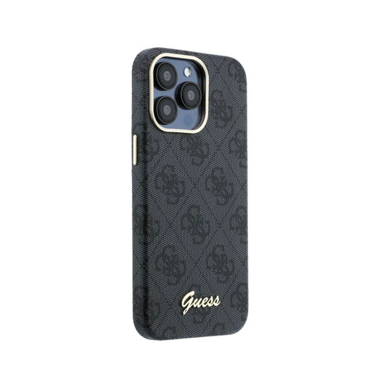 GUESS Funda de Polipiel Logo en Relieve para iPhone 15 Pro Max Compatible con MagSafe y Protección Anticaídas, Negra