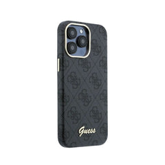 GUESS Funda de Polipiel Logo en Relieve para iPhone 15 Pro Max Compatible con MagSafe y Protección Anticaídas, Negra