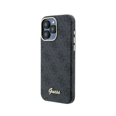 GUESS Funda de Polipiel Logo en Relieve para iPhone 15 Pro Max Compatible con MagSafe y Protección Anticaídas, Negra