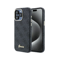 GUESS Funda de Polipiel Logo en Relieve para iPhone 15 Pro Max Compatible con MagSafe y Protección Anticaídas, Negra