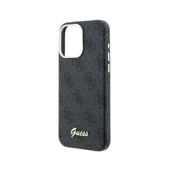 GUESS Funda de Polipiel Logo en Relieve para iPhone 15 Pro Max Compatible con MagSafe y Protección Anticaídas, Negra