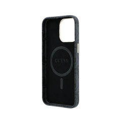 GUESS Funda de Polipiel Logo en Relieve para iPhone 15 Pro Max Compatible con MagSafe y Protección Anticaídas, Negra