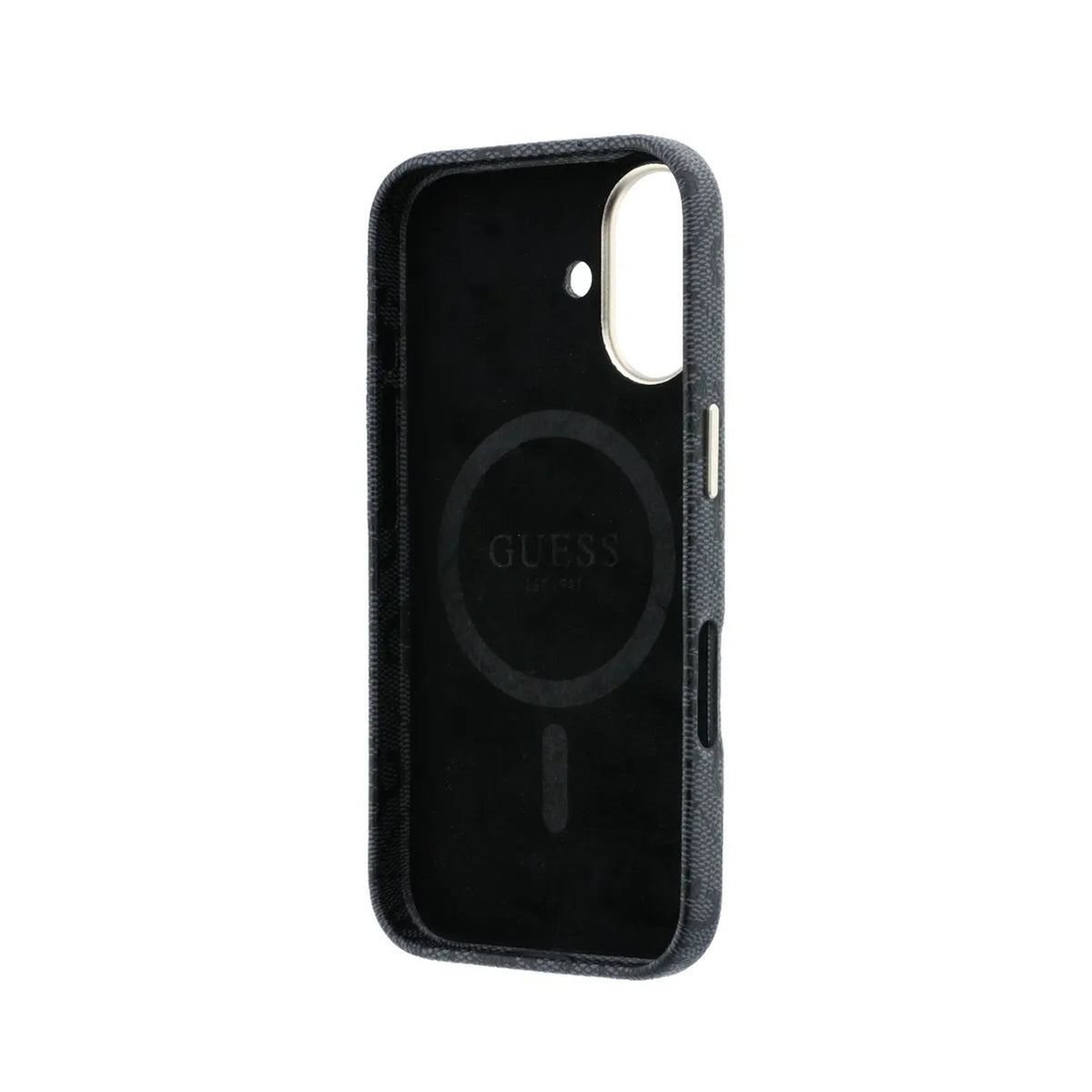 GUESS Funda de Polipiel Logo en Relieve para iPhone 16 Compatible con MagSafe y Protección Anticaídas, Negra