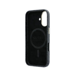 GUESS Funda de Polipiel Logo en Relieve para iPhone 16 Compatible con MagSafe y Protección Anticaídas, Negra