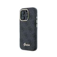 GUESS Funda de Polipiel Logo en Relieve para iPhone 16 Pro Compatible con MagSafe y Protección Anticaídas, Negra