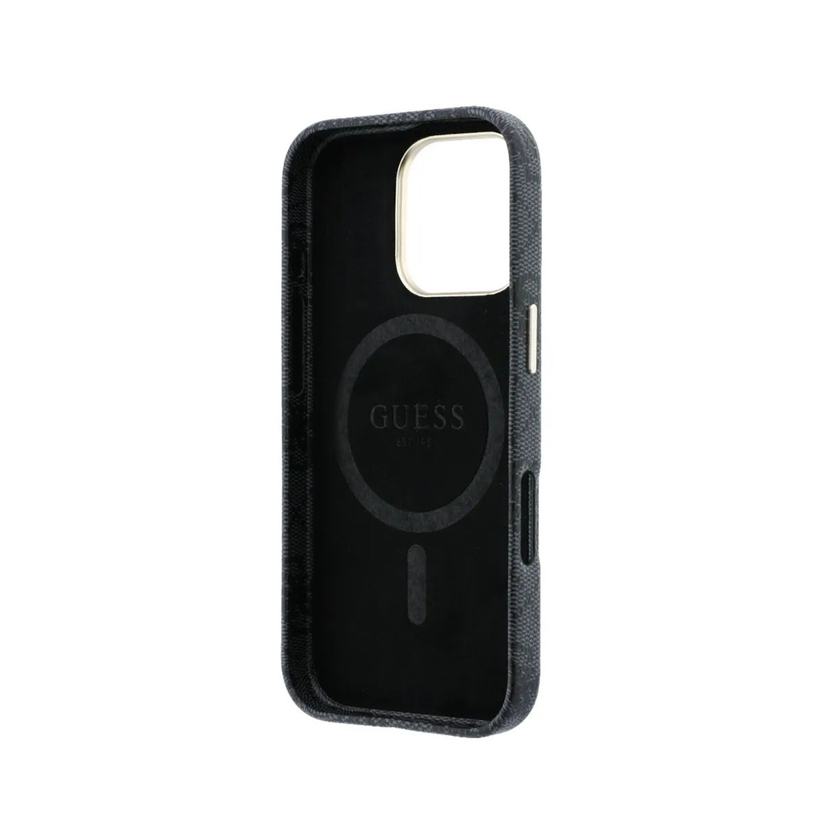 GUESS Funda de Polipiel Logo en Relieve para iPhone 16 Pro Compatible con MagSafe y Protección Anticaídas, Negra