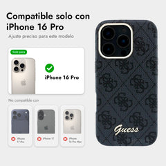 GUESS Funda de Polipiel Logo en Relieve para iPhone 16 Pro Compatible con MagSafe y Protección Anticaídas, Negra