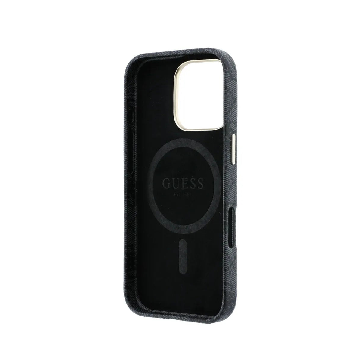 GUESS Funda de Polipiel Logo en Relieve para iPhone 16 Pro Max Compatible con MagSafe y Protección Anticaídas, Negra