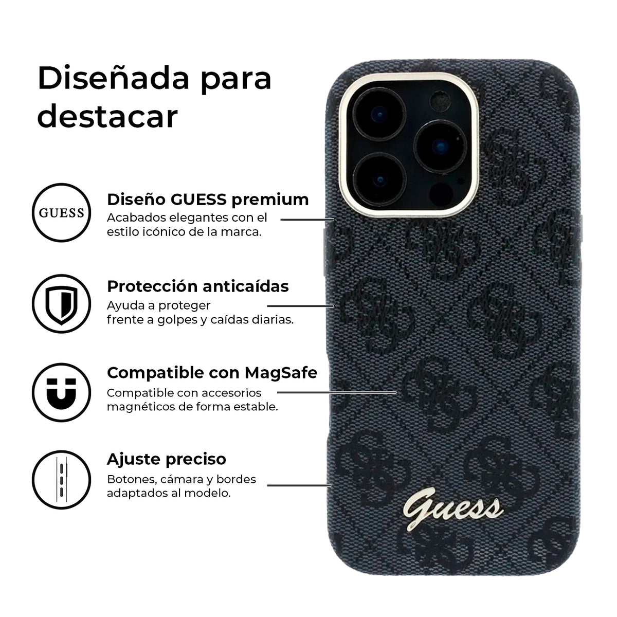 GUESS Funda de Polipiel Logo en Relieve para iPhone 16 Pro Max Compatible con MagSafe y Protección Anticaídas, Negra