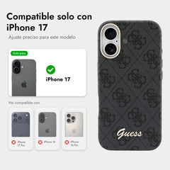 GUESS Funda de Polipiel Logo en Relieve para iPhone 17 Compatible con MagSafe y Protección Anticaídas, Negra
