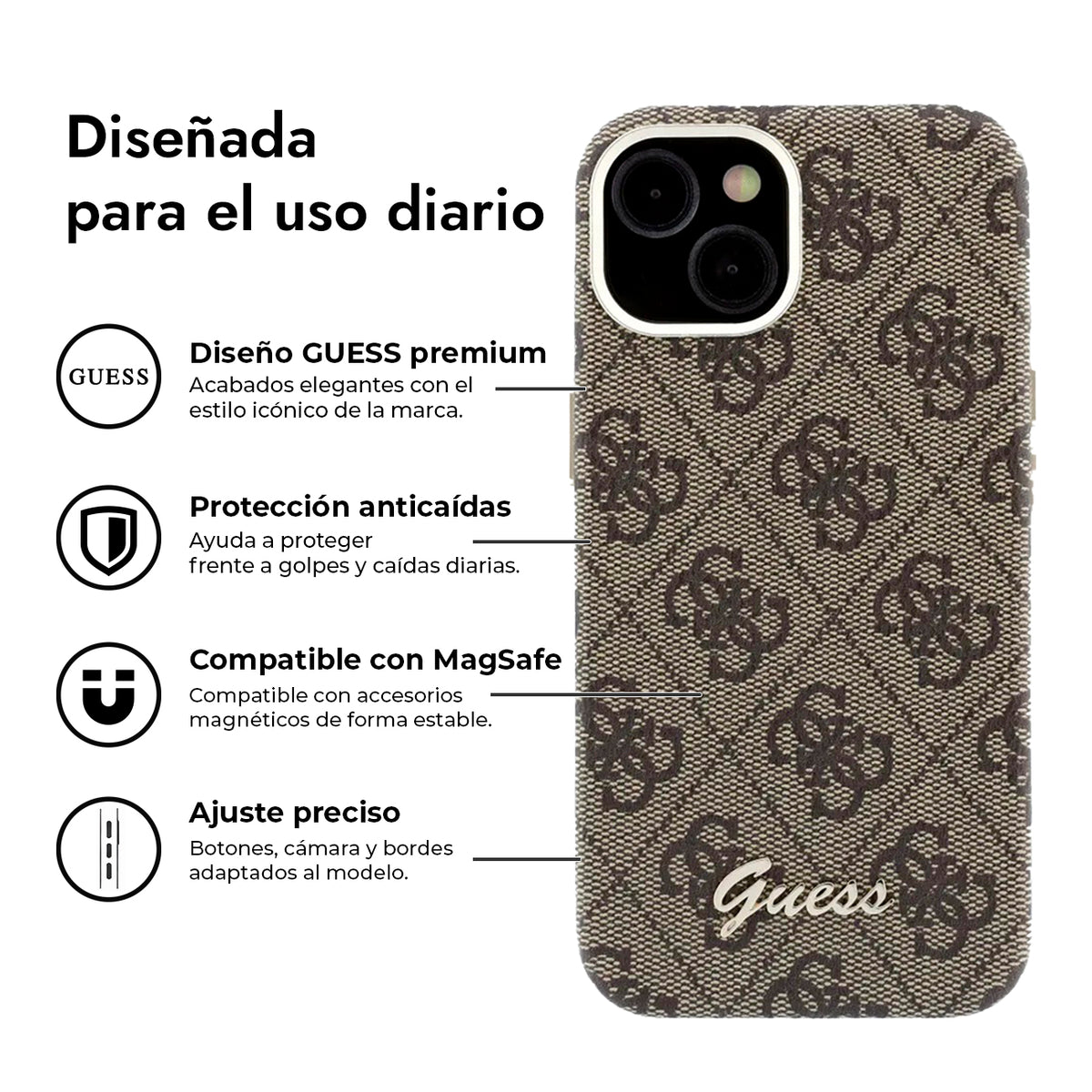 GUESS Funda de Polipiel Logo en Relieve para iPhone 14 Compatible con MagSafe y Protección Anticaídas, Marrón
