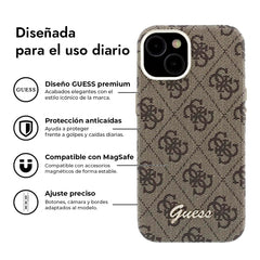 GUESS Funda de Polipiel Logo en Relieve para iPhone 14 Compatible con MagSafe y Protección Anticaídas, Marrón