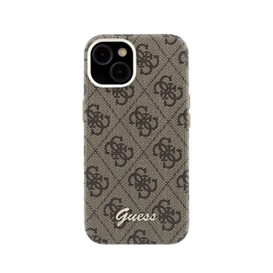 GUESS Funda de Polipiel Logo en Relieve para iPhone 14 Compatible con MagSafe y Protección Anticaídas, Marrón