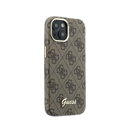 GUESS Funda de Polipiel Logo en Relieve para iPhone 14 Compatible con MagSafe y Protección Anticaídas, Marrón