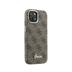 GUESS Funda de Polipiel Logo en Relieve para iPhone 14 Compatible con MagSafe y Protección Anticaídas, Marrón