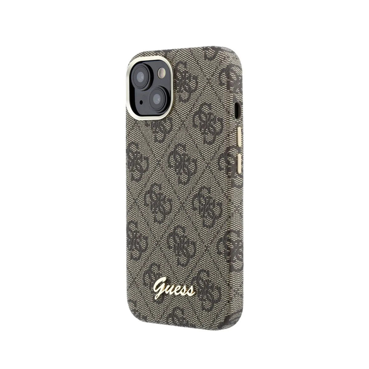 GUESS Funda de Polipiel Logo en Relieve para iPhone 14 Compatible con MagSafe y Protección Anticaídas, Marrón