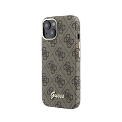 GUESS Funda de Polipiel Logo en Relieve para iPhone 14 Compatible con MagSafe y Protección Anticaídas, Marrón
