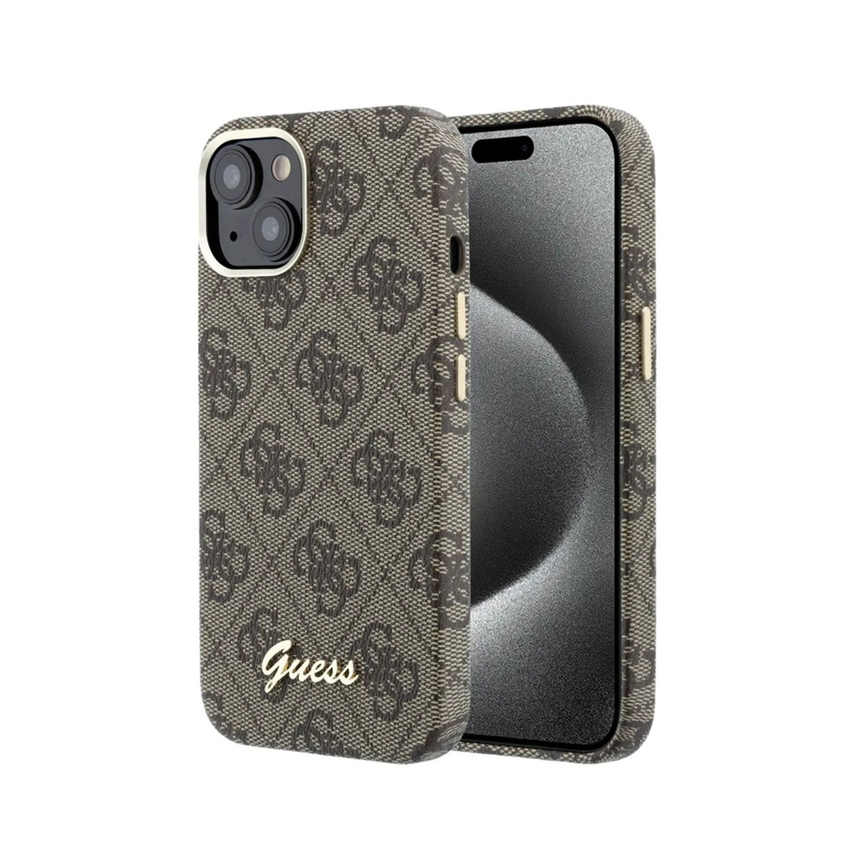 GUESS Funda de Polipiel Logo en Relieve para iPhone 14 Compatible con MagSafe y Protección Anticaídas, Marrón
