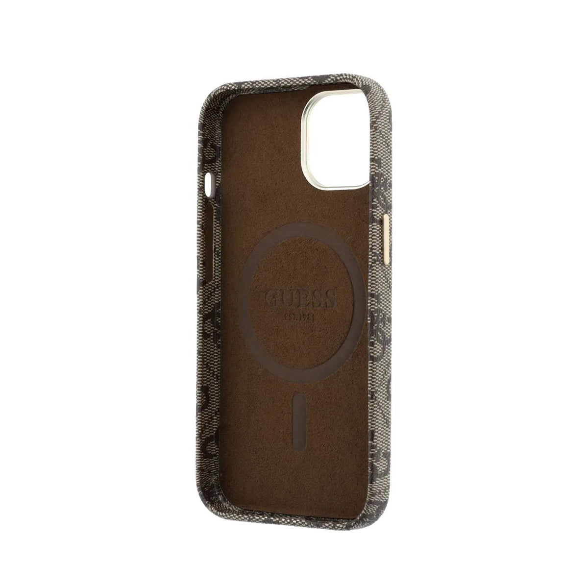 GUESS Funda de Polipiel Logo en Relieve para iPhone 14 Compatible con MagSafe y Protección Anticaídas, Marrón