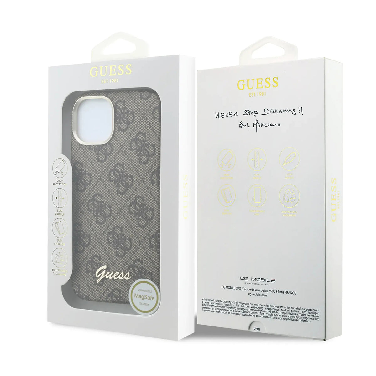 GUESS Funda de Polipiel Logo en Relieve para iPhone 14 Compatible con MagSafe y Protección Anticaídas, Marrón