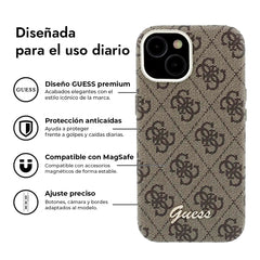 GUESS Funda de Polipiel Logo en Relieve para iPhone 15 Compatible con MagSafe y Protección Anticaídas, Marrón