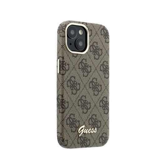 GUESS Funda de Polipiel Logo en Relieve para iPhone 15 Compatible con MagSafe y Protección Anticaídas, Marrón