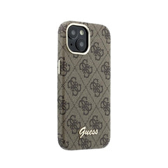 GUESS Funda de Polipiel Logo en Relieve para iPhone 15 Compatible con MagSafe y Protección Anticaídas, Marrón