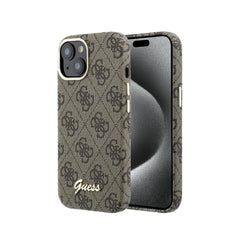 GUESS Funda de Polipiel Logo en Relieve para iPhone 15 Compatible con MagSafe y Protección Anticaídas, Marrón