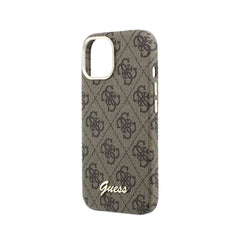 GUESS Funda de Polipiel Logo en Relieve para iPhone 15 Compatible con MagSafe y Protección Anticaídas, Marrón
