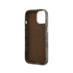 GUESS Funda de Polipiel Logo en Relieve para iPhone 15 Compatible con MagSafe y Protección Anticaídas, Marrón