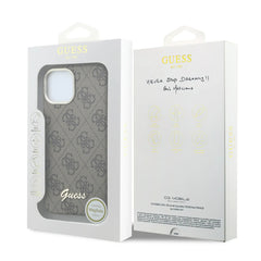 GUESS Funda de Polipiel Logo en Relieve para iPhone 15 Compatible con MagSafe y Protección Anticaídas, Marrón