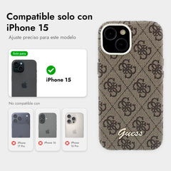 GUESS Funda de Polipiel Logo en Relieve para iPhone 15 Compatible con MagSafe y Protección Anticaídas, Marrón